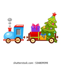 Bright vector cartoon train with presents and new year tree. Toy wagons with colorful gifts for christmas, birthday and other holidays. Cute transport illustration.