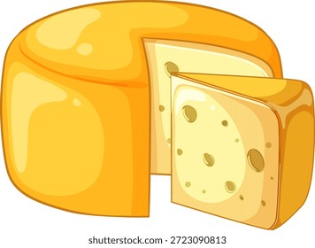 Roda de queijo de vetor brilhante com cunha, textura suave, tons amarelos, estilo de desenho animado simples