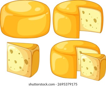 Rodas e fatias de queijo de vetor brilhante, estilo de desenho animado, sombreamento suave, isolado no fundo branco