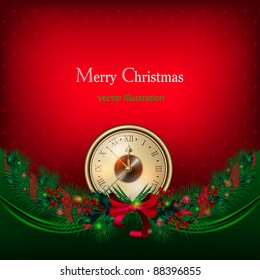 Bright vector Christmas background with clock and garland from fir-tree branches