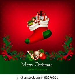 Bright vector Christmas background with garland from fir-tree branches and gifts