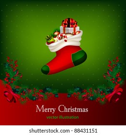 Bright vector Christmas background with garland from fir-tree branches and gifts