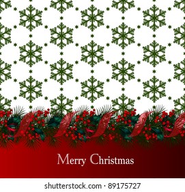 Bright vector Christmas background with snowflakes decorated by garland from fir-tree branches