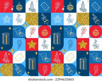 Bright Vector Christmas and New Year pattern with symbols of celebration and golden texture. Gift, candy cane, gingerbread, candle, stocking and Holly berry. Festive background outline illustration