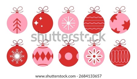 Bright vector Christmas ornaments in red and pink tones. Festive baubles with geometric and decorative patterns, perfect for holiday design, greeting cards, and seasonal decoration.