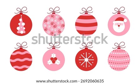 Bright vector Christmas ornaments in red and pink tones. Festive baubles with geometric and decorative patterns, perfect for holiday design, greeting cards, and seasonal decoration.