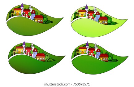 Bright vector city on tree leaf in four variations.