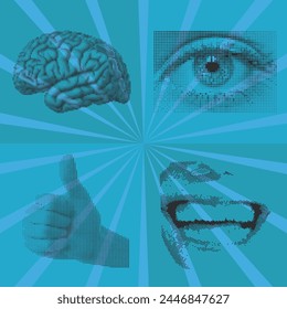 Bright vector collage with eye, brain, mouth, hand thumb up.  Radial rays on blue background. Learning, knowledge, success concept. Vector abstract illustration. 
