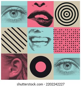 Bright vector collage with eyes, open mouth, ear, lips, black round shapes. Abstract illustration for design, magazine, broshure, banner.