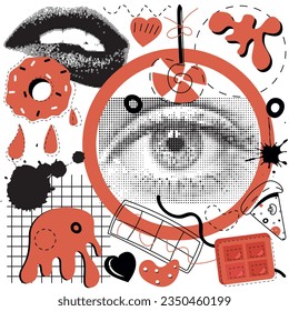 Bright vector collage with halftone woman's eye, lips, red sweets, circle and heart, black grid and blot on white background. Abstract illustration for design.