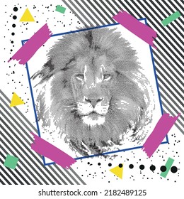 Bright vector collage with lion's head, halftone stripes, colorful geometric shapes, dotted lines on white background. Abstract illustration for design.