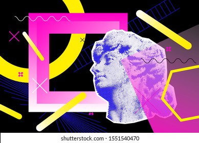 Bright vector collage with old sculpture of a woman's head, universal graphic Elements, Geometric Shapes, Dotted Halftone Objects for your design