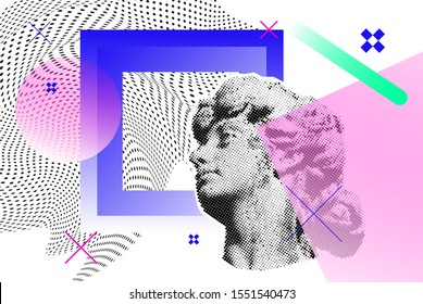 Bright vector collage with old sculpture of a woman's head, universal graphic Elements, Geometric Shapes, Dotted Halftone Objects for your design