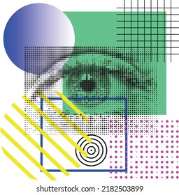 Bright vector collage with woman's eye, yellow stripes, gradient circle, dotted shapes, black grid on white background. Abstract illustration for design.