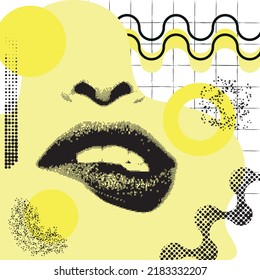 Collage vectorial brillante con labios y nariz de la mujer, rayas amarillas, manchas, círculo, formas punteadas, cuadrícula negra sobre fondo blanco. Ilustración abstracta de diseño, revista, señalización.