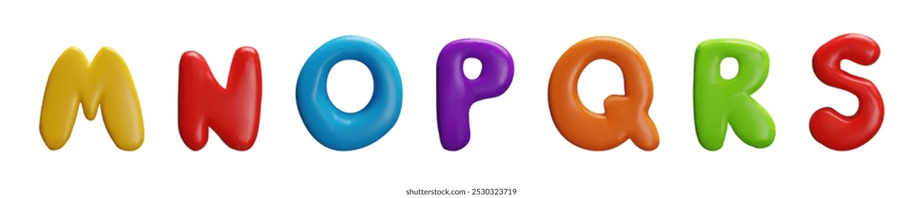 A bright vector collection of 3d consonants and vowels of the letters M,N,O,P,Q,R,S made of bright colored plasticine. Cute typography elements for school themes.