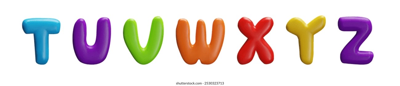 A bright vector collection of 3d letters T,U,V,W,X,Y.Z, made of colored plasticine. Typography elements adds to the fun of birthday celebrations and school themes.