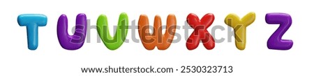 A bright vector collection of 3d letters T,U,V,W,X,Y.Z, made of colored plasticine. Typography elements adds to the fun of birthday celebrations and school themes.