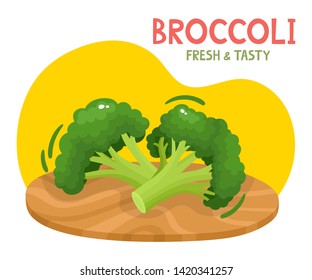 Bright vector collection of colorful broccoli. Fresh cartoon different vegetable with name isolated on white background used for magazine, book, poster, card, menu cover, web pages.