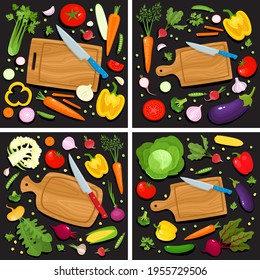 Bright vector collection of colorful cutting board, knife and vegetables.