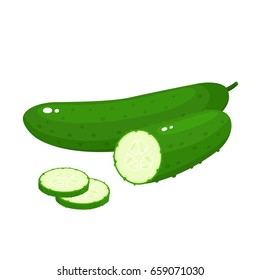 Bright vector collection of colorful half and whole of cucumber. Fresh cartoon different vegetable isolated on white background used for magazine, book, poster, card, menu cover, web pages.