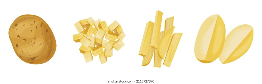 
Bright vector collection of colorful potatoes. Potatoes cut into cubes and sticks. Illustration on a white background
