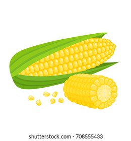 Bright vector collection of colorful yellow corn. Fresh cartoon organic vegetable isolated on white background used for magazine, book, poster, card, menu cover, web pages.