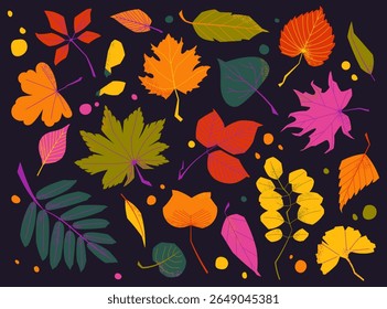 Bright vector collection of fall leaves. Includes various shapes and colors for autumn themes, nature design and decor
