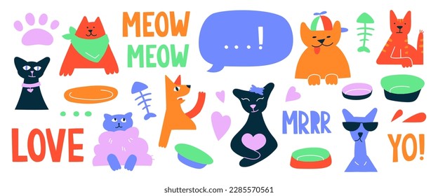 Bright vector collection with funny cats and doodles. Decorative abstract horizontal banner with colorful designs. Hand drawn modern cartoon illustration with cats, lettering, abstract elements.