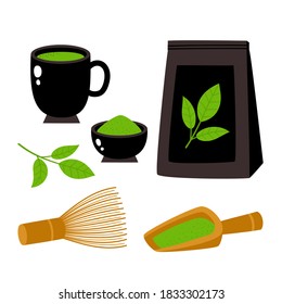 Bright vector collection of matcha tea isolated on white. Fresh cartoon tea cup, bowl, zip package and whisk used for magazine, book, poster, card, menu cover, web pages.