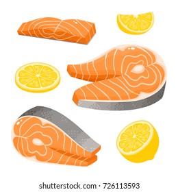 Bright vector collection of seafood isolated on white. Fresh cartoon salmon - steak, fillet and lemons used for magazine, book, poster, card, menu cover, web pages.
