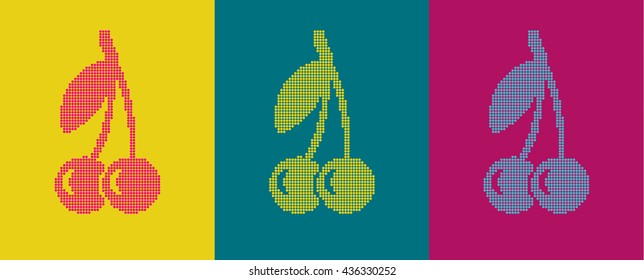 Bright vector colorful cherry icons, made of dots. Pop art style.