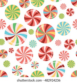 Bright vector colorful seamless pattern with sweet candy lollipops. Christmas holiday wallpaper or printable background. Polka dot template. Candies and sweets background.