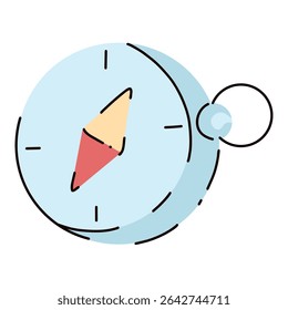 Bright vector compass, find the way in the forest, show the north. Flat cartoon style. Postcard, icon, sticker.