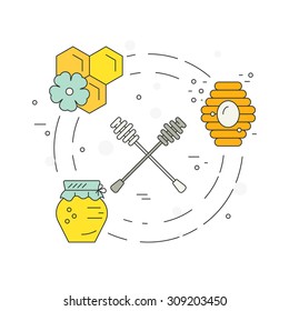 Bright vector concept with honey dipper, jar, hive and honeycomb. Perfect design element for flyer or banner.