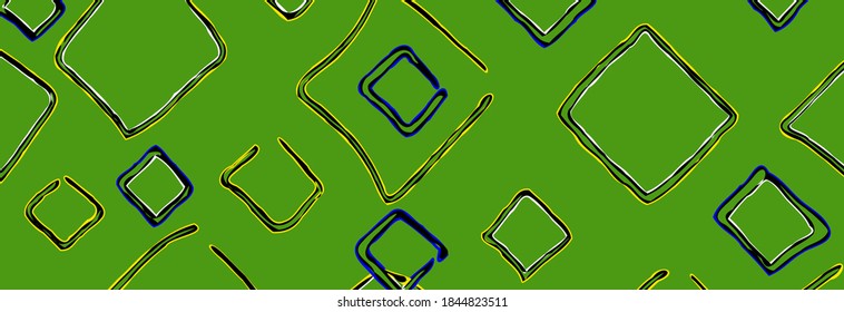 Banner creativo del vector brillante. Cabecera abstracta. Amplio fondo verde con formas rayadas a mano. 