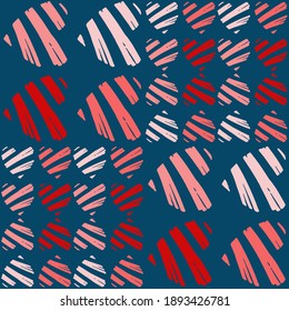 Bright vector dark blue background with pattern of hand drawn pink and red hearts. Card and poster for st valentine day