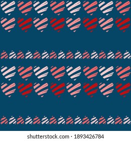 Bright vector dark blue background with pattern of hand drawn pink and red hearts. Card and poster for st valentine day