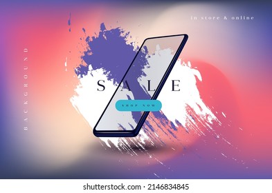 Bright vector design for banner with smartphone and spots by brush on the blurred purple and red background