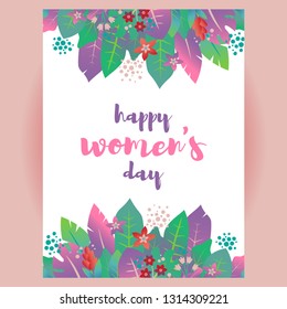 Bright vector design with text Happy womens day decorated with tropical flowers. Good for poster, card, banner