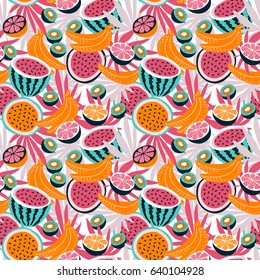 Bright vector design with tropical fruits and palm leaves. Summer seamless pattern.