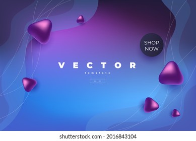 Bright vector design with wavy lines and volumetric purple shapes on the blur background