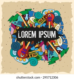 Bright vector doodles background with hand drawn musical instruments. Background template for web design, wallpaper, covers, booklets.