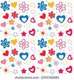 Bright vector elements,  hearts, flowers, stars, purple, pink, blue, yellow, white, seamless pattern