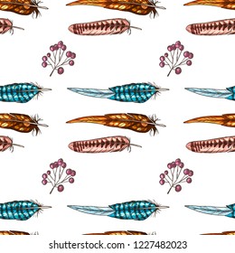 Bright Vector Feather Pattern. Colorful backdrop with hand drawn bird feathers and bunches of berries