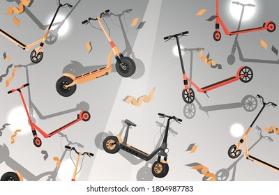 Bright vector flat banner with red and yellow electric scooters. Eco friendly modern city transport. Personal urban transportation gadget, active lifestyle with scooters poster design.