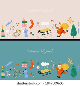 Bright vector flat Christmas backgrounds with set of elements for decor in cartoon style. Merry Christmas and Happy New Year. Santa Claus, Christmas tree, toys, sleigh, garland, fireworks, champagne.