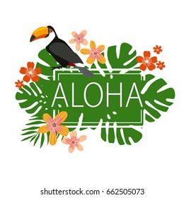 Bright vector floral banner. Font vector illustration of toucan  "aloha".  greeting card, invitation, poster for a Hawaiian party. Tropical flyer with green exotic palms and pink flowers.