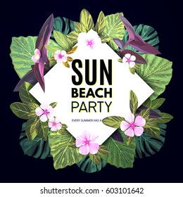 Bright vector floral banner template for summer beach party. Tropical flyer with green exotic palms and pink flowers.