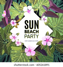 Bright vector floral banner template for summer beach party. Tropical flyer with green exotic palms and pink flowers.